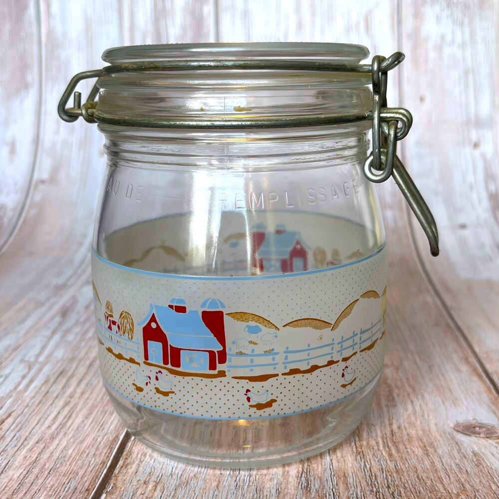 Vintage ARC France 1/4L Glass Canister Jar Farm Chicken Bail Lid 70s 80s